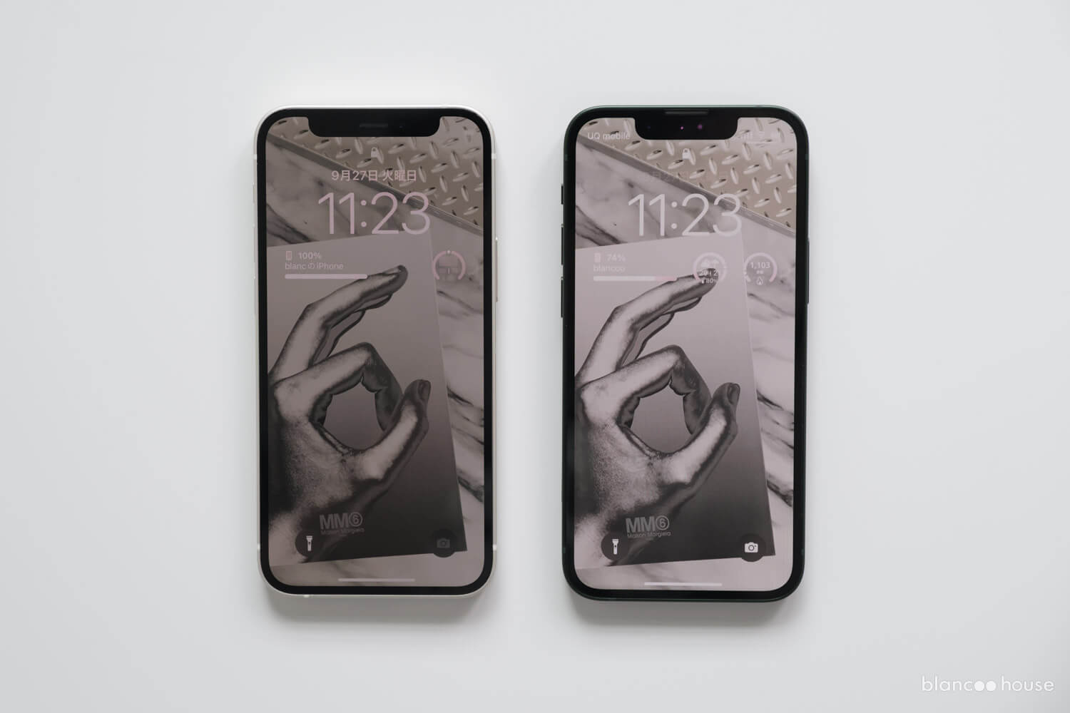 iPhone12 mini ホワイトとiPhone 13 mini グリーンを比較（ディスプレイ）